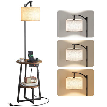 Floor Lamp with Table - Farmhouse Night Stand with Charging Station