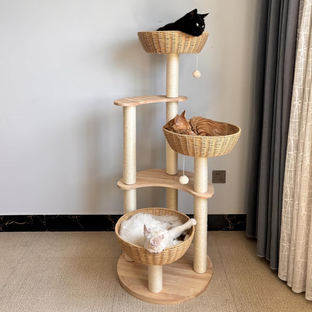 Modern Wood Cat Tree for Large Cats, Luxury Rattan Oak Solid Cat Trees Towers, 3 Weaving Cat Nests & Washable Cushions
