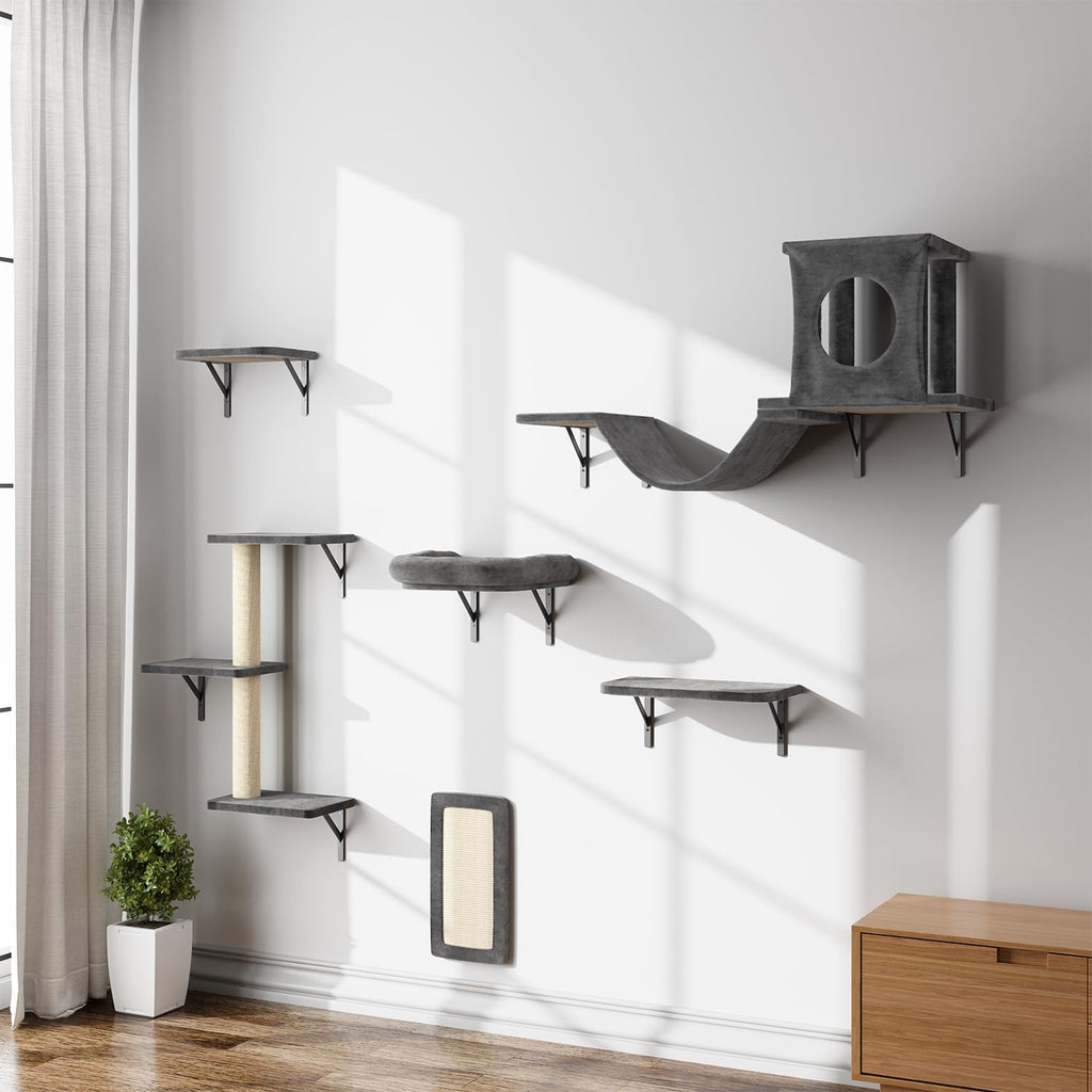 Cat Wall Shelves, 6 Pcs Luxury Wall-Mounted Cat Climber Set, Dark Gray
