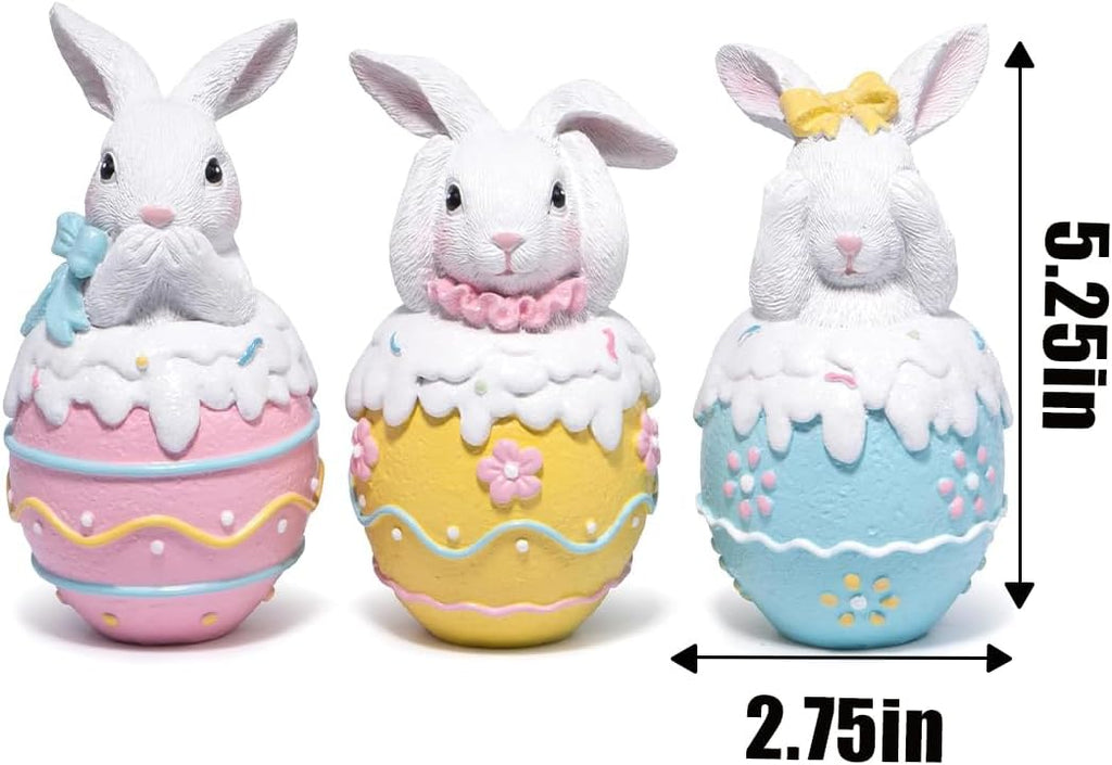 Easter Bunny Figurines - 5.3" Hand-Painted Resin Decorations with Pastel Easter Egg Design - Set of 3