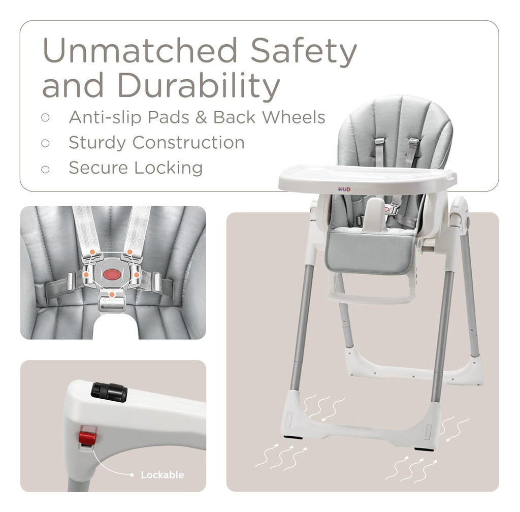 3-in-1 Foldable & Portable Baby High Chair with 2 Lockable Wheels(Grey) | 7 Height & 4 Recline Adjustable High Chairs