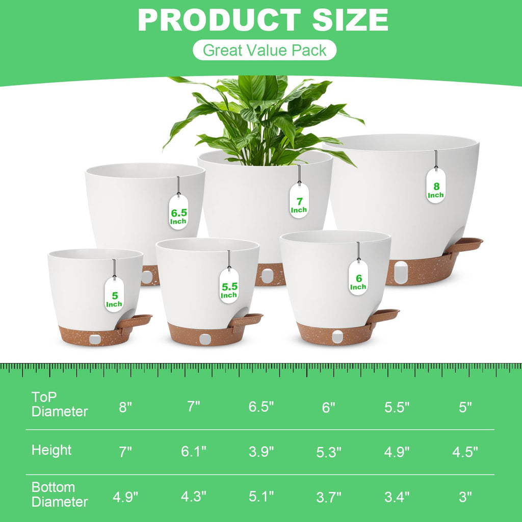 Self Watering Planter with Visual Water Level, 6Pack Small Plastic Pot Set with Drainage Holes and Reservoir Saucers