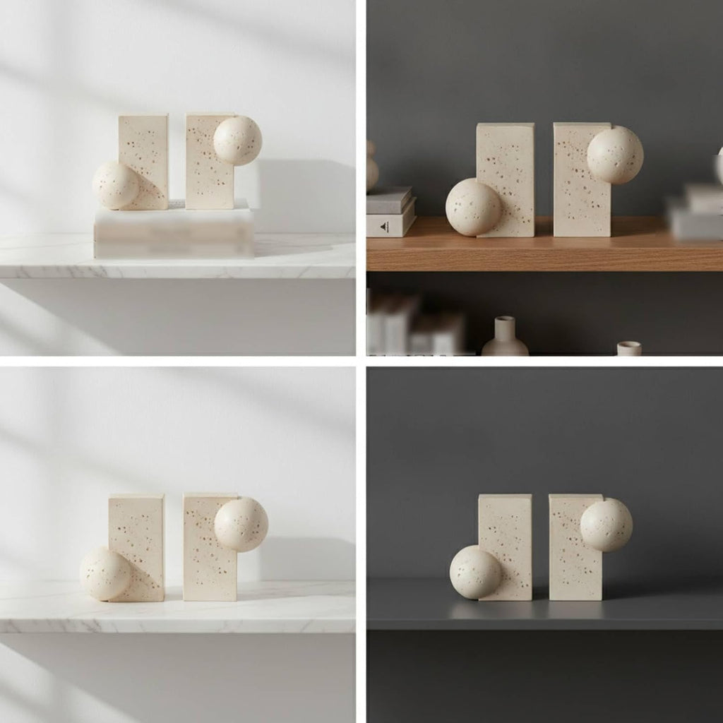 Sculptural Bookends Stone-Look Geometric Bookends Beige Decor for Study Desk