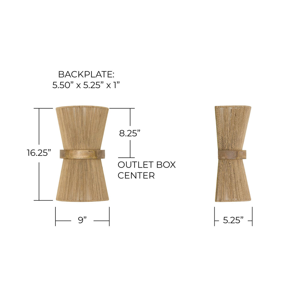 Lighting Maya Modern Mango Wood and Hand-Wrapped Natural Jute Rope Wall Sconce, 2-Light 120 Total Watts, 16"