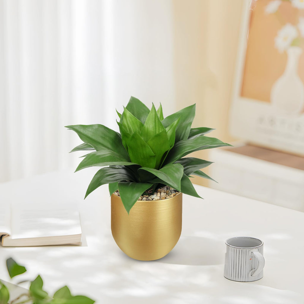 Agave Artificial Wide Leaf Plant in Gold Pot - 10.2" Tall Faux Greenery with Lush Plastic Leaves & Pebble Base, Fake