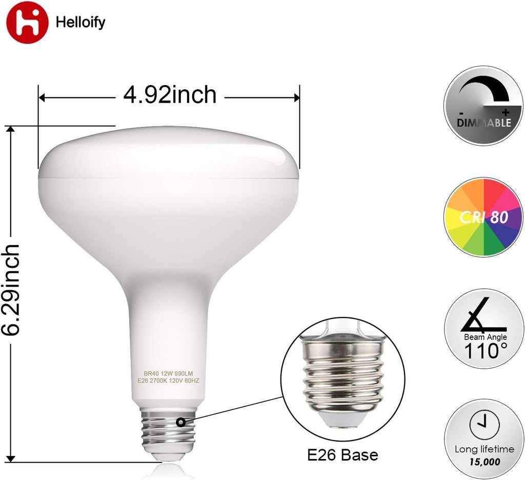 Dimmable BR40 LED Flood Light Bulb 12W, 75W Equivalent, 2700K Soft White Light, Energy Saving Lamp /Home, E26 Screw
