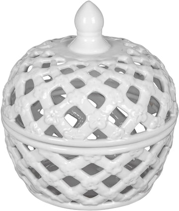 D8X9.5 White Ceramic Lidded Jar with Lattice Design - White - Delicate Lattice Design with Tiny Flowers - Tabletop