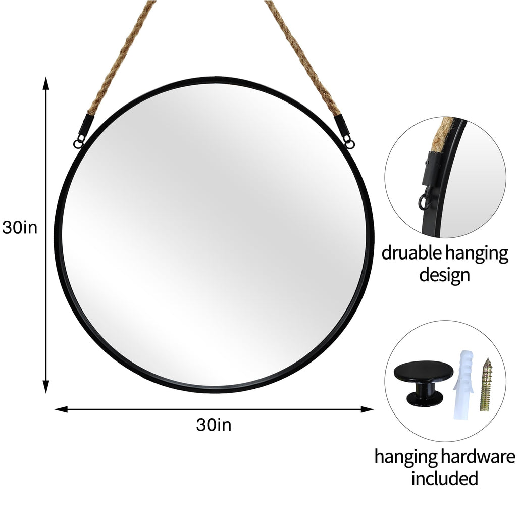 30" Large Round Hanging Mirror, Circle Wall Mirror with Jute Rope