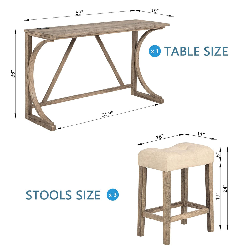 Bar Table and Chairs Set, 4 Piece Console Table with Power Outlet, Counter Height Bar Table Set with 3 Padded Chairs