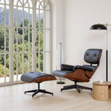 Modern Reclining Swivel Lounge Chair and Ottoman — Black Leather