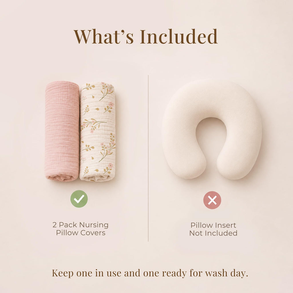 2-Pack Muslin Nursing Pillow Covers, Floral Soft Slipcover for Baby