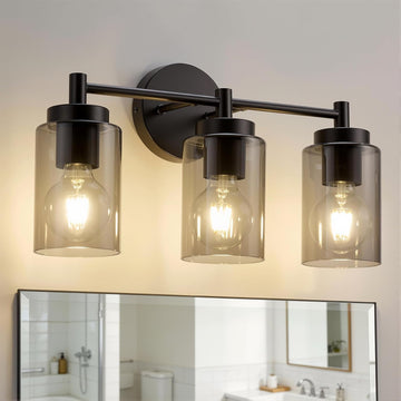 3 Light Bathroom Light Fixtures Modern, Black Over Mirror Lamp | 17.12", Smoky Glass, Soft Cozy Glow, Washroom Vanity