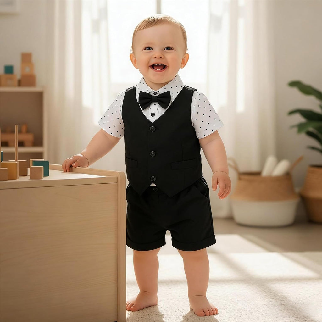 Boy Gentleman Outfits Short Sleeve Bowtie Shirt with Vest and Shorts Formal Wedding 3Pcs Suit Set