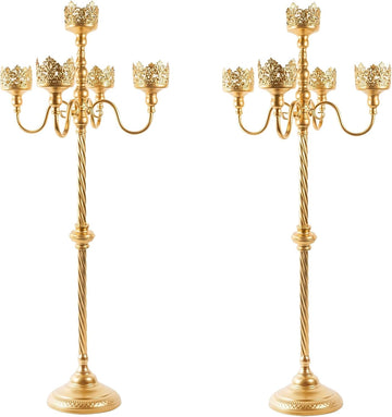 Gold Floor Candelabra, 40'' Tall Floor Candle Holders, 2 Pcs Metal 5 Arm Candelabra Centerpiece Decorations for 5
