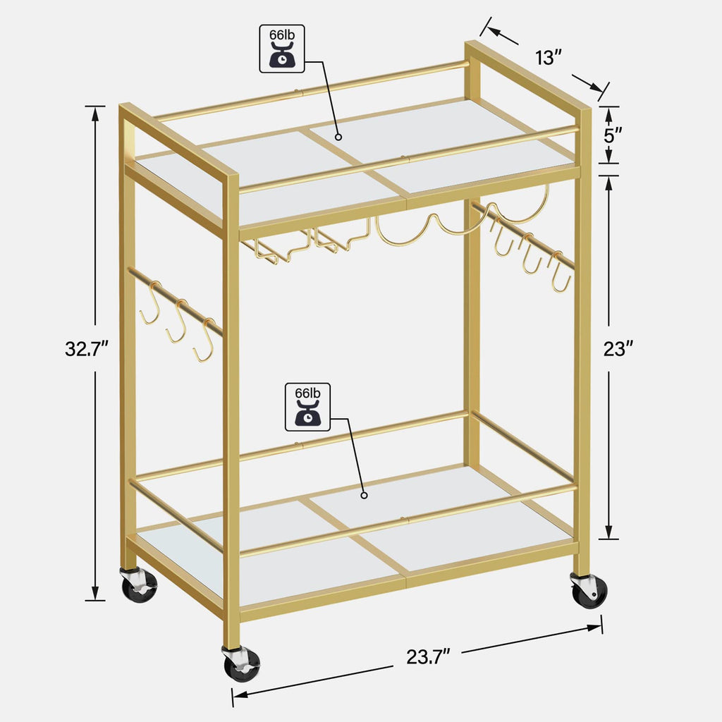 Gold Bar Cart with 2 Mirrored Shelves, Wine Rack & Glass Holder