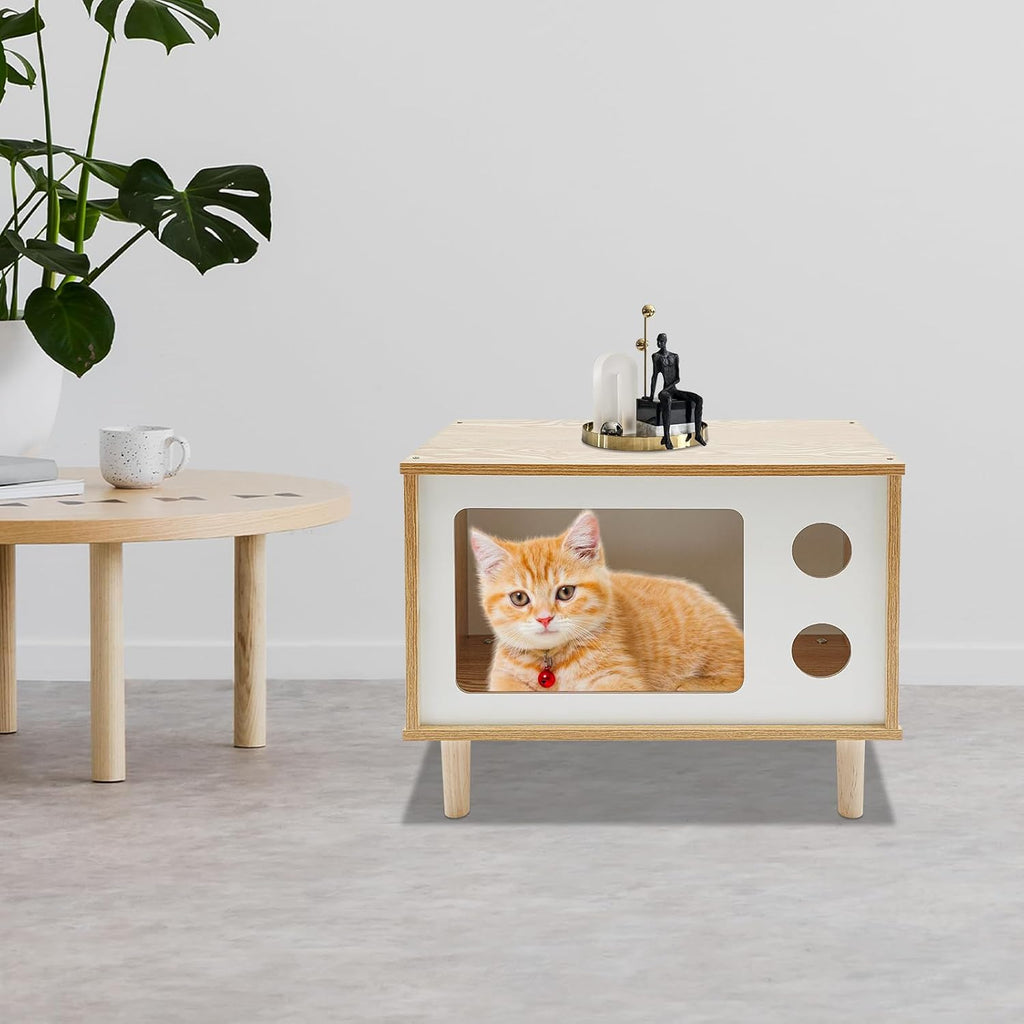 TV-Shaped Cat Bed Indoor, Large Luxury Cat Shelter Wooden Condo for Indoor Cats (Wooden, White, Small)
