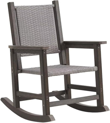 HDPE Outdoor Rocking Chair, All-Weather Wicker Porch Rocker, Dark Brown | Durable HDPE frame with woven seat and