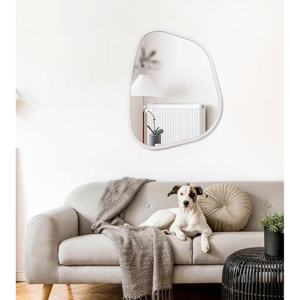 Irregular Oval Wall Mirror Large White 20"x16" Inches Asymmetrical Mirror Modern Wood Frame Unique Shape Wall Mounted