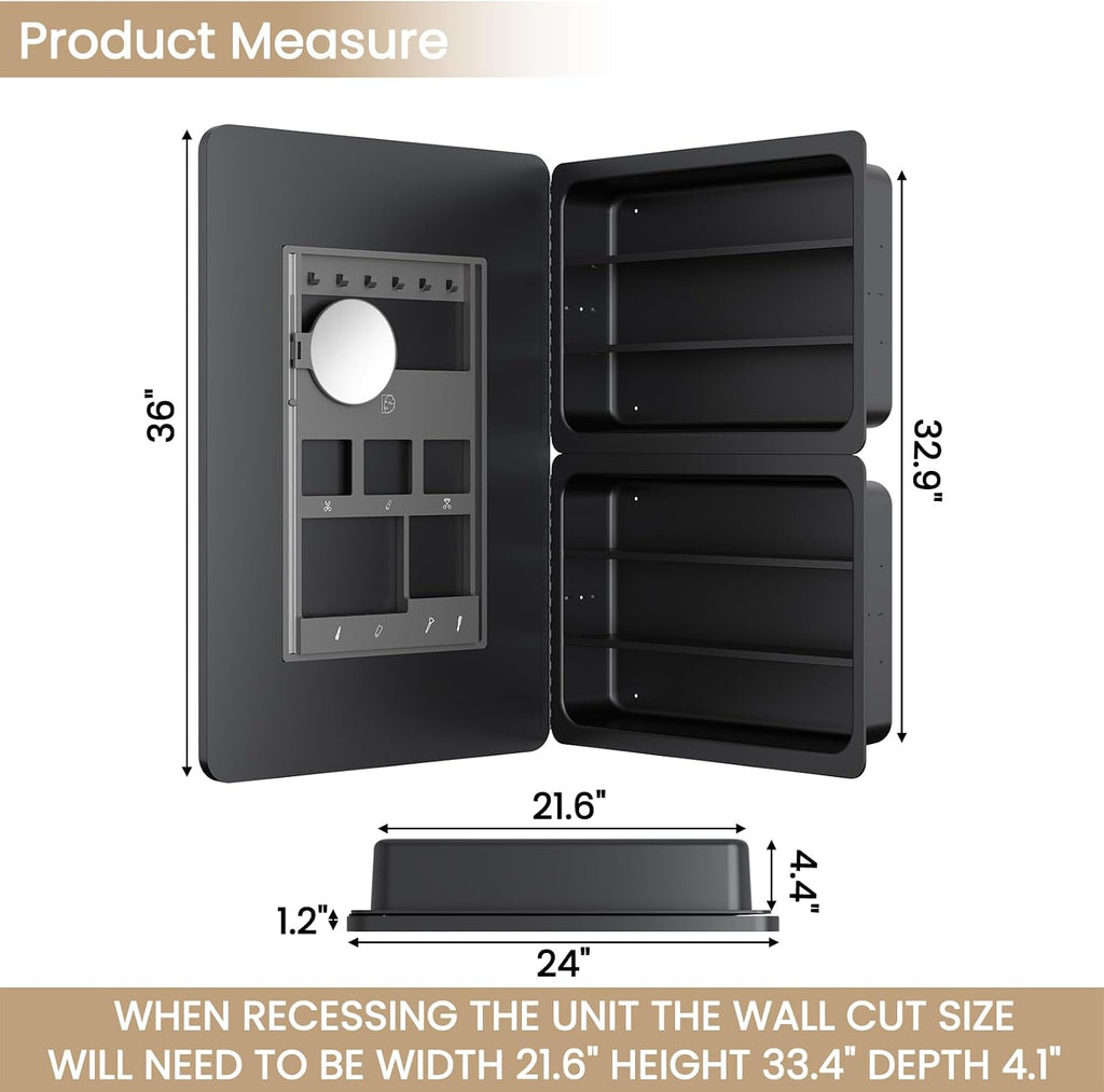 24x36 Inch LED Lighted Medicine Cabinet with Mirror , Wall Mounted or Recessed Mirror Cabinet with 3X Magnifying