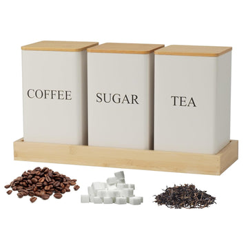 3Pcs Coffee Tea Sugar Container Set, White Iron Storage Tin with Bamboo Lid and Tray, Square Airtight Food Container