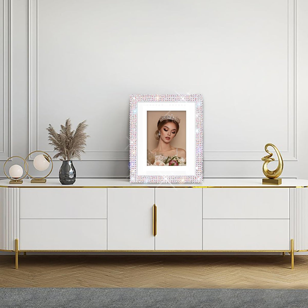 8x10 Bling Picture Frame, Display Pictures 5x7 with Mat or 8x10 Without Mat, Wall Hanging Glitter Shiny Crystal Photo