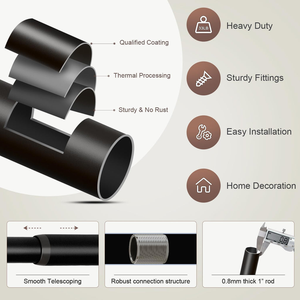 Black Curtain Rods for Windows Heavy Duty 1" Diameter Window Curtain Rod with Decorative