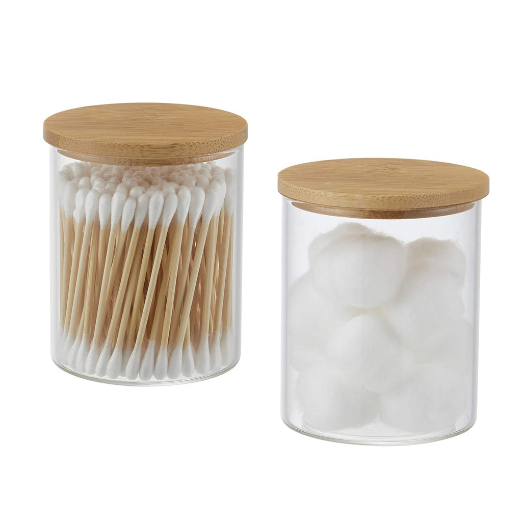Glass Qtip Holder with Vanity Tray, Apothecary Jars Bathroom Accessories Bathroom Canisters Organizer Countertop Q