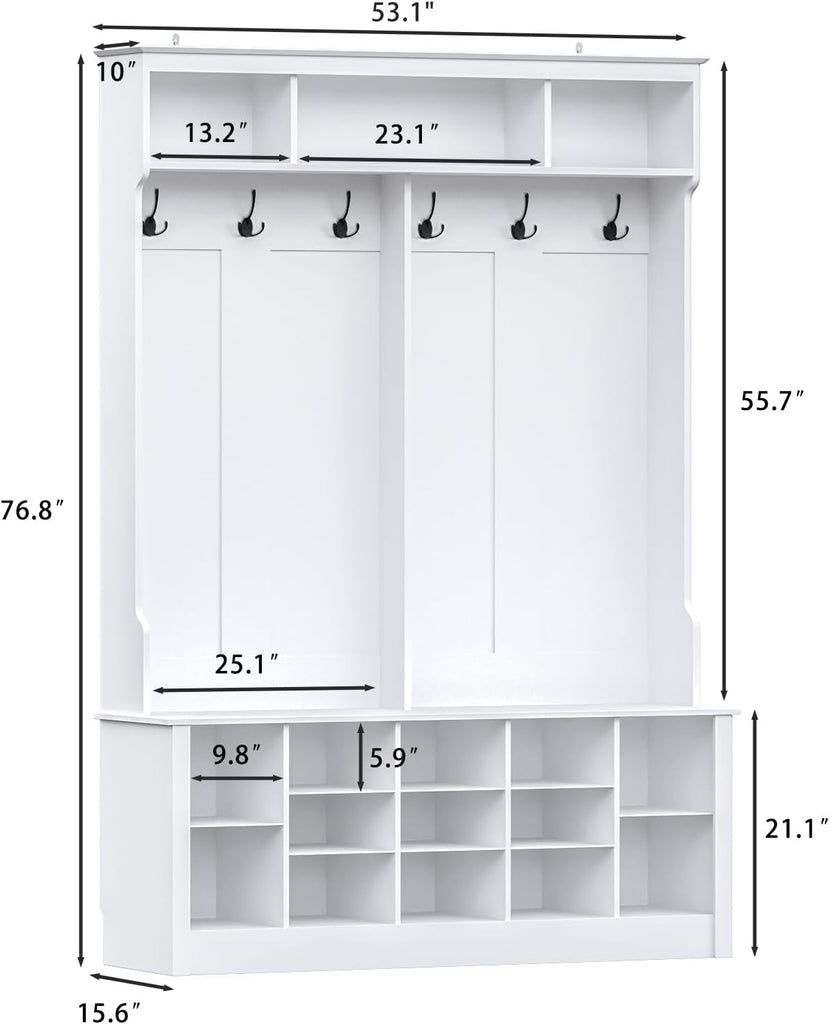 Hall Tree with Bench and Shoe Storage, 53" Farmhouse 4-in-1 Mudroom Storage Organizer with Coat Rack, 6 Hooks, 12