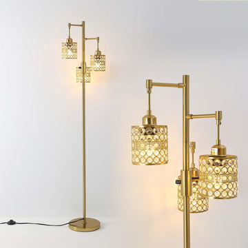 Industrial Floor Lamp, Dimmable Floor Lamp, Gold Tree Lamp Standing Lamp Tall Pole Lamps with 3 Elegant Crystal