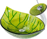 Vessel Sink Leaf Shape Tempered Glass Washing Basin Bowl Waterfall Chrome Faucet Mixer Tap Pop Up Drain Deck Mounted Set