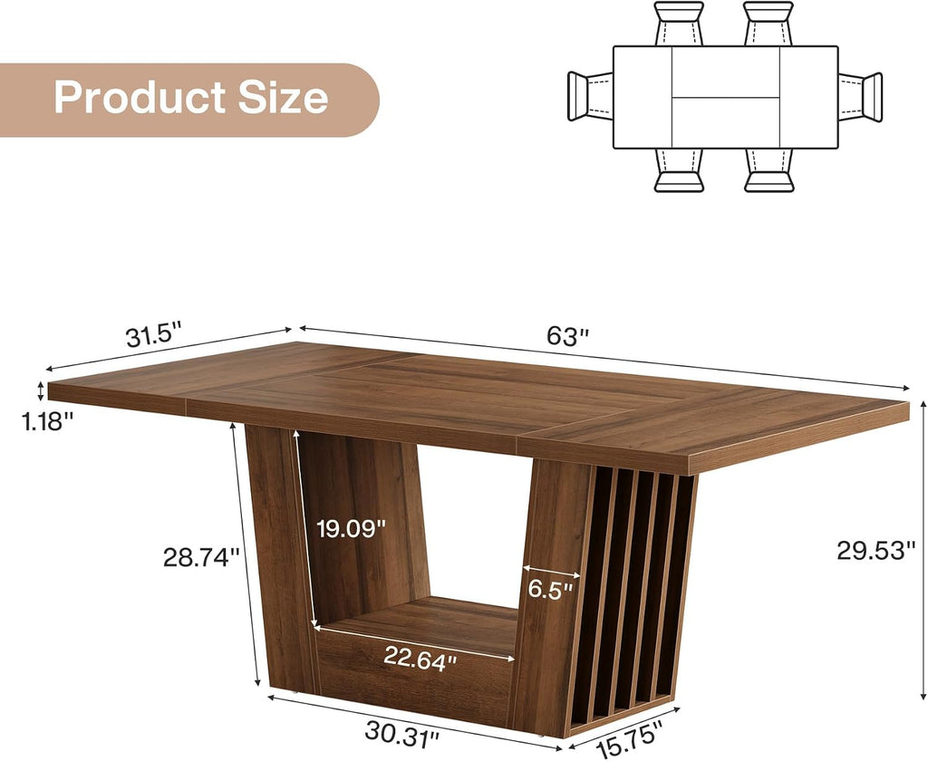 63-Inch Dining Table for 4-6, Farmhouse Rectangular Kitchen Dinner Table with Heavy-Duty Base, Wood Dining Room
