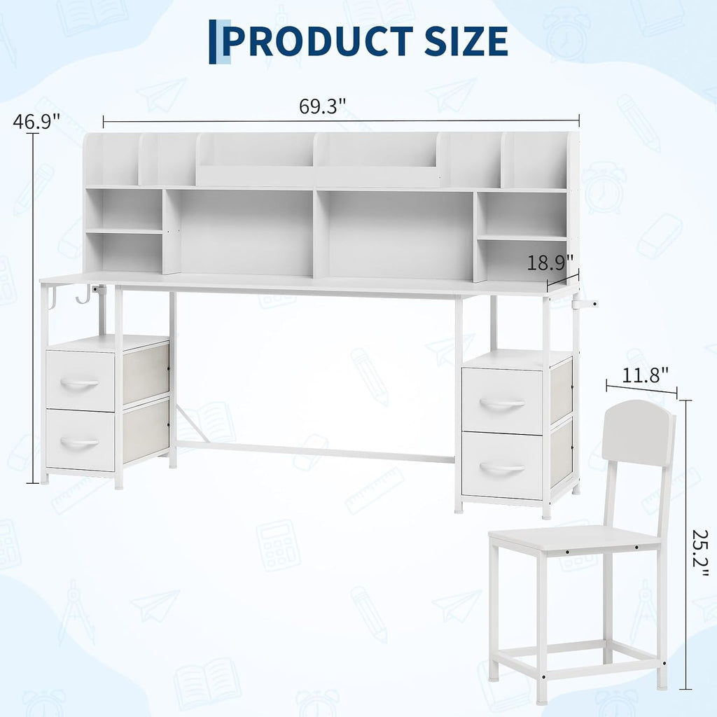 69" Double Kids Desk and Chair Set with Hutch & Storage, Ages 6-12
