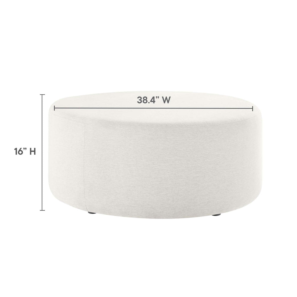 Callum 38 Inch Round Ottoman in Ivory Fabric - Heathered Woven Fabric - Versatile Upholstered Coffee Table and