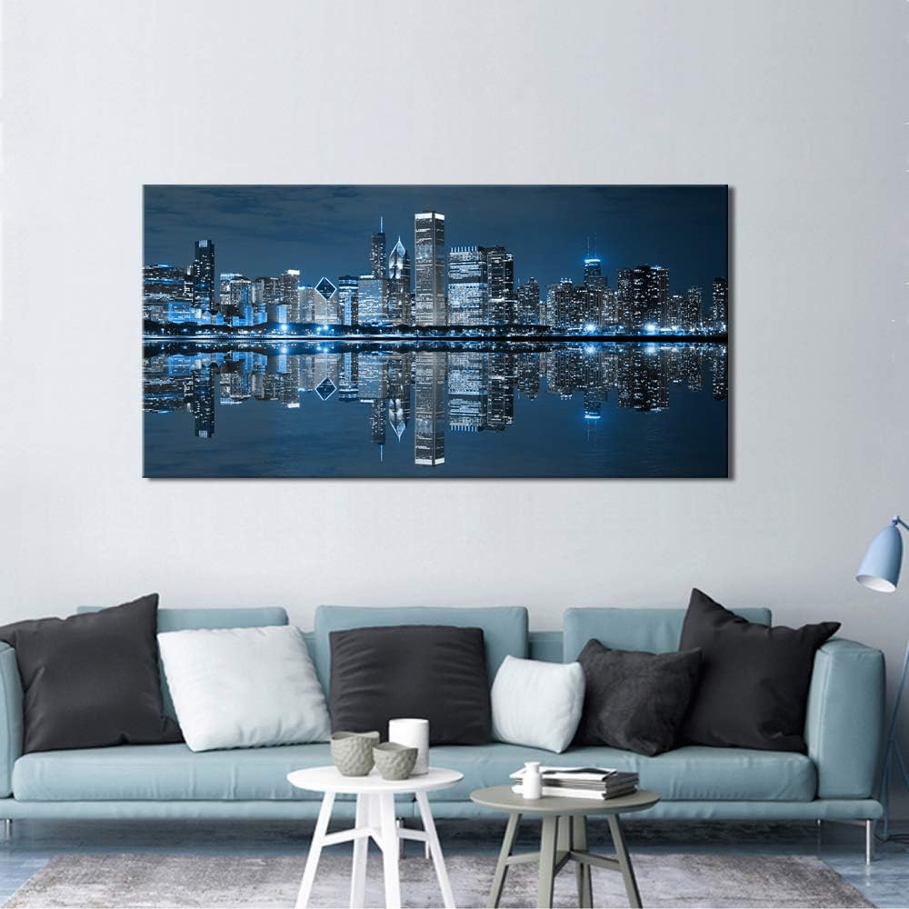 Modern City Wall Art Chicago Downtown at Night Picture Print on Canvas Building Artwork Living Room Wall Decoration