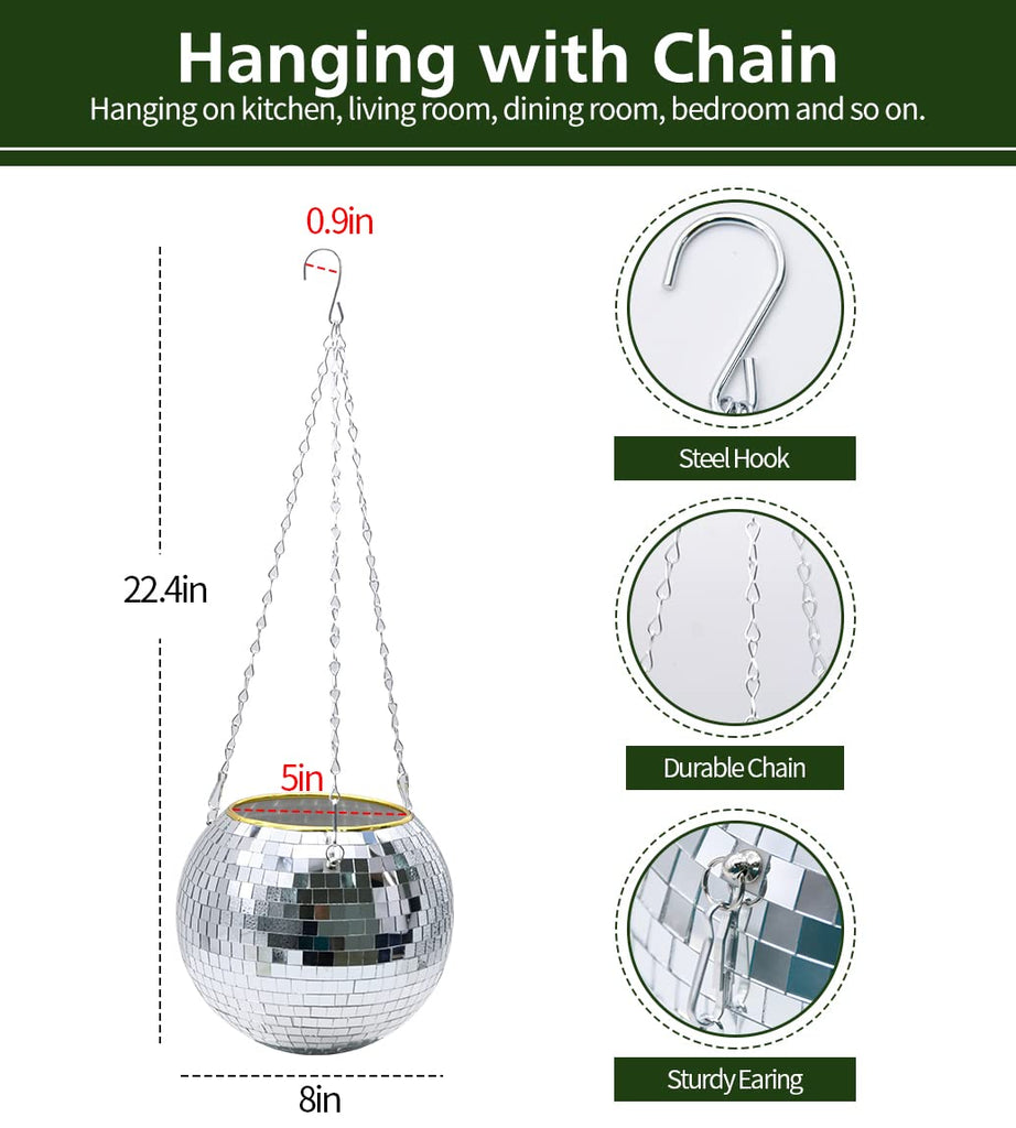 8" Silver Disco Ball Planter with Hanging Rope, Hanging Chain, Hook, Circle