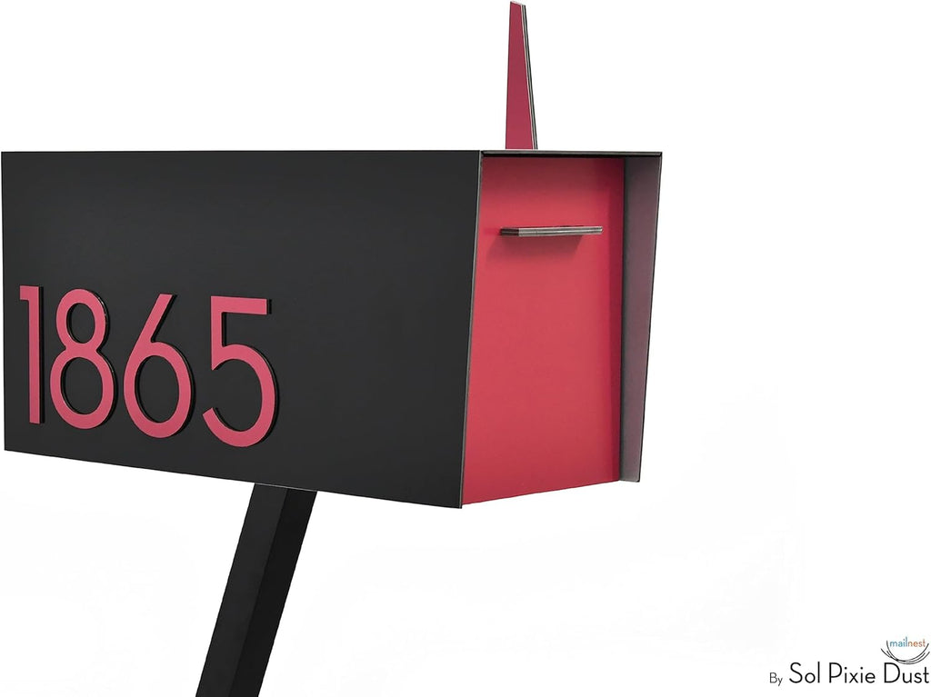 Contemporary Post-Mount Mailbox - Aluminum Black Body with Aluminum Door, Numbers and Flag - Large Customized Mailbox