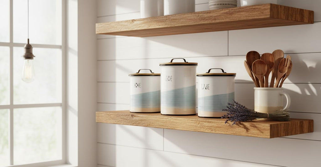Ceramic Lake Vibe Kitchen Canister Set of 3 with Lids, Blue & White Lakehouse Storage Jars for Coffee, Sugar, Flour