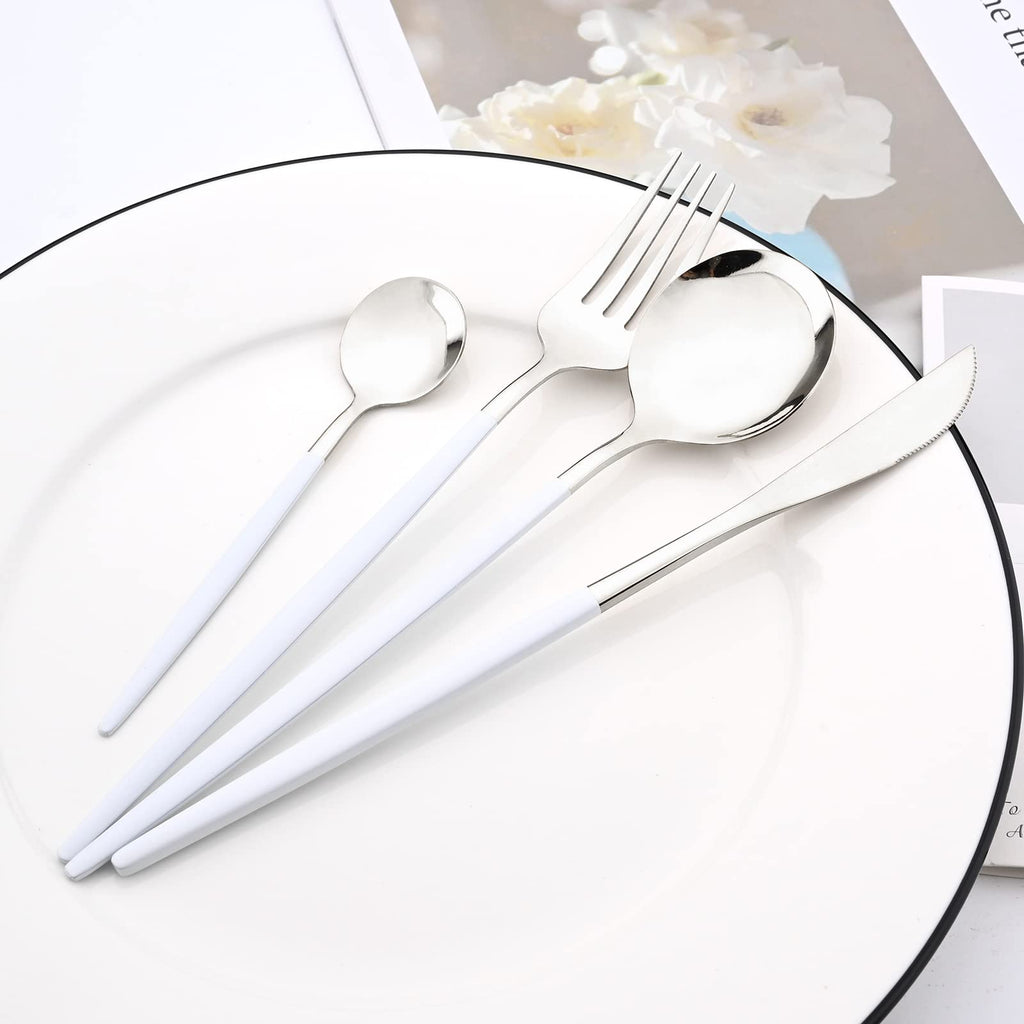 White Silver 24Pcs Flatware Set With Stand, Lightweight Dinnerware Set Stainless Steel Cutlery With White handles