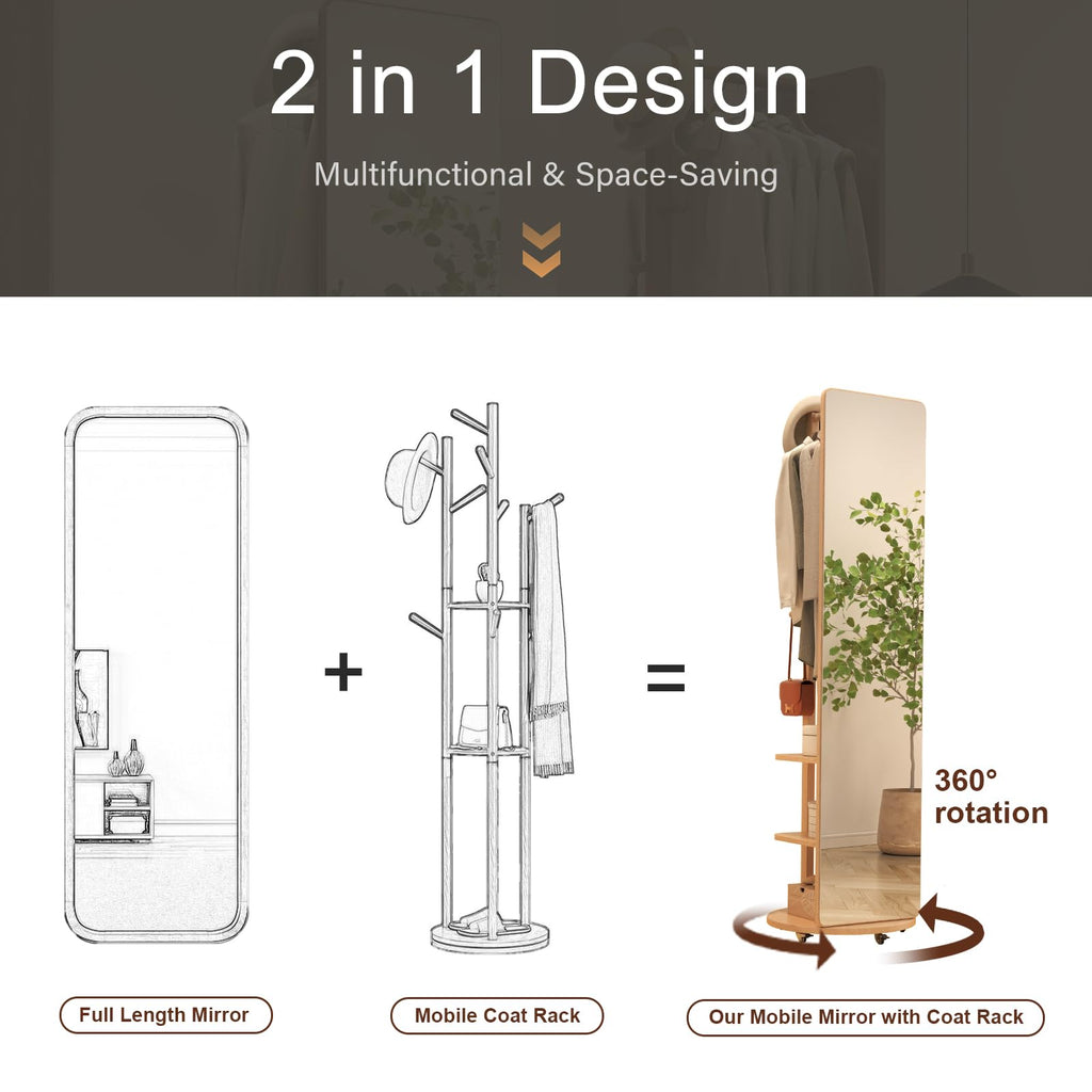Solid Wood Full Length Mirror Coat Rack, 70" x 20" Oversize Standing Mirror Full Length with Brake Wheels, Floor
