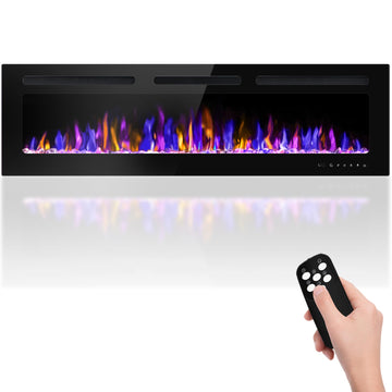 60" Electric Fireplace Wall Mounted and Recessed with Remote Control, 750/1500W Ultra-Thin Wall Fireplace Heater