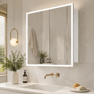 LED Medicine Cabinet with Light, 30×32inch, Recess Mirror Cabinet, 3 Color, Dimmable, Demister, Detachable Side