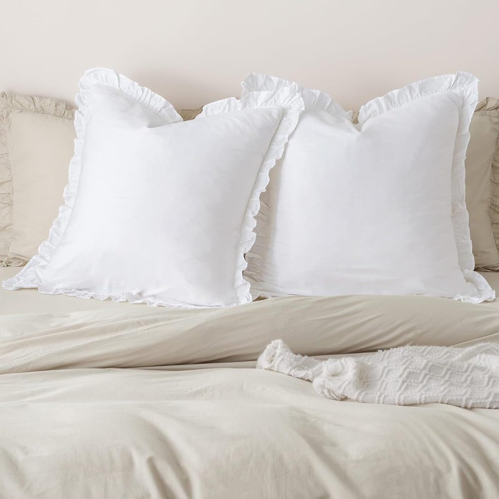 100% Washed Cotton Euro Shams with Ruffle, 2 Pack 26" x 26" Cotton Euro Sham Pillow Covers, No Insert, Ultra Soft
