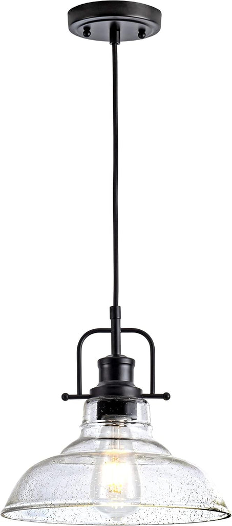 Glass Pendant Light，Black Pendant Light Fixtures with Seeded Glass Shade, Adjustable Height Hanging Lights for