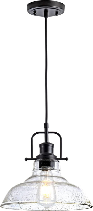 Glass Pendant Light，Black Pendant Light Fixtures with Seeded Glass Shade, Adjustable Height Hanging Lights for