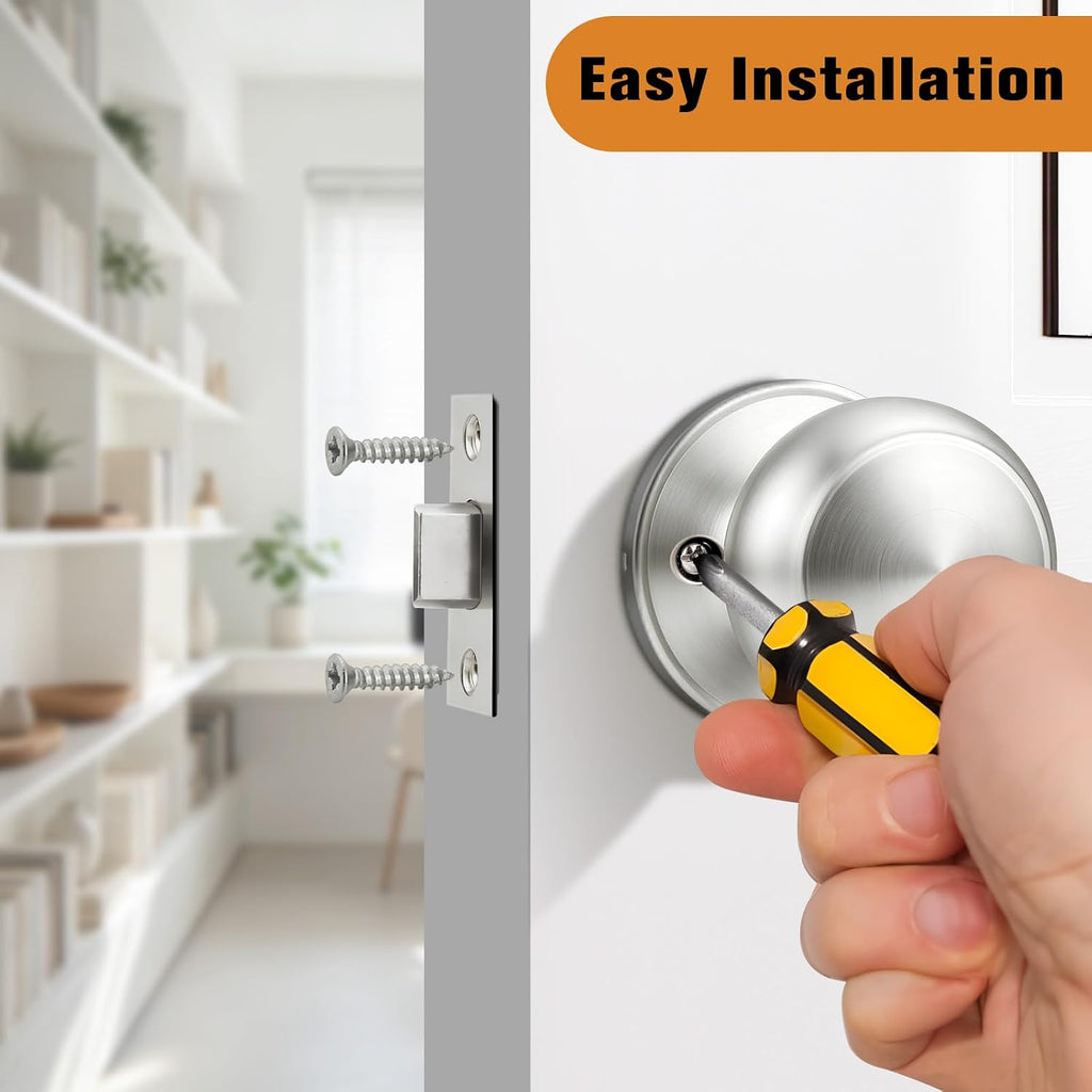 Brushed Nickel Passage Door Knobs, Flat Ball Interior Handles for Hall and Closet, Keyless Door Handles 3 Pack