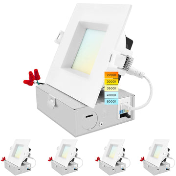 4 Inch Square LED Recessed Ceiling Light with Junction Box, 15W, 5CCT Selectable 2700K/3000K/3500K/4000K/5000K