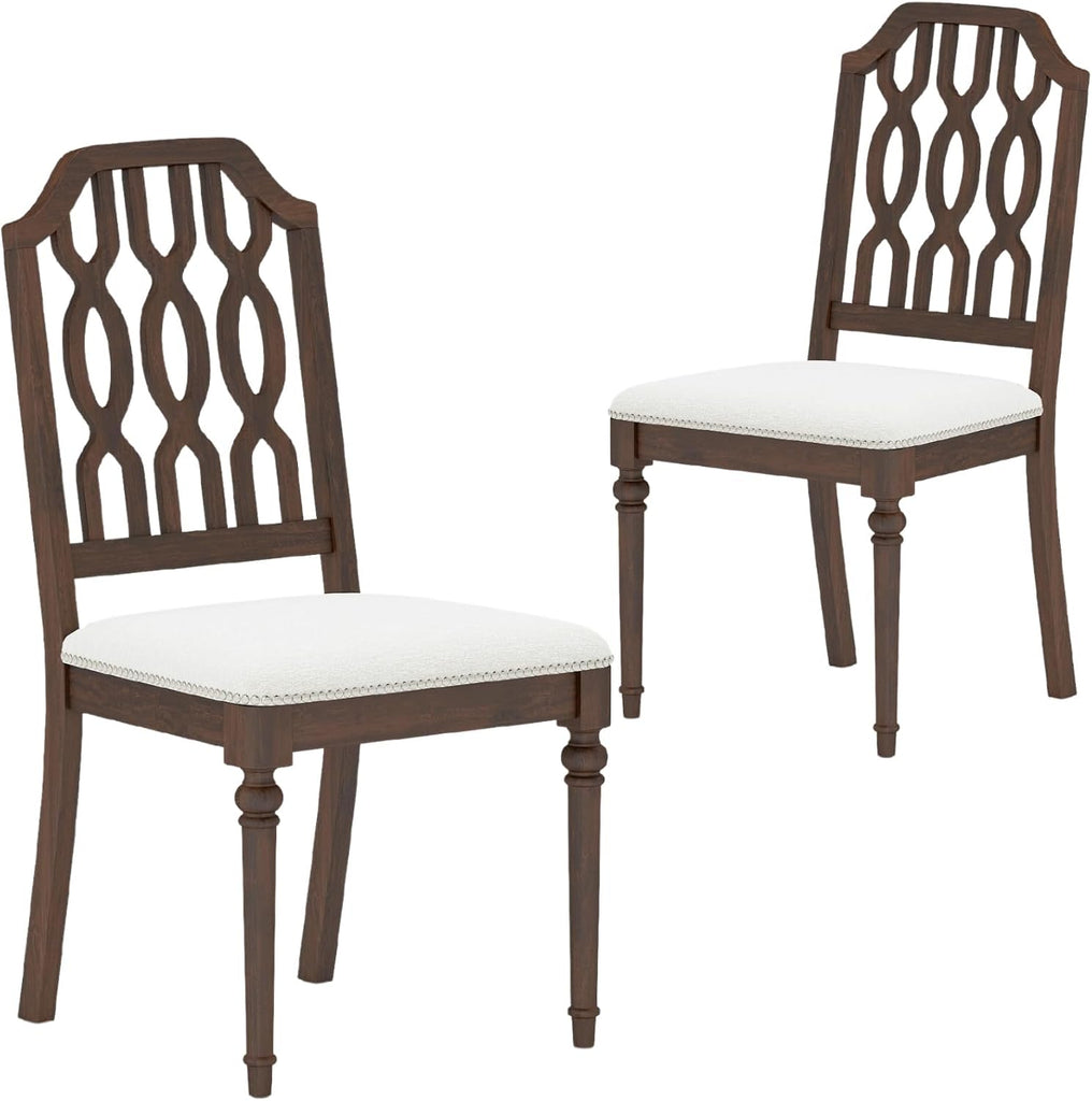Farmhouse Dining Chairs Set of 2, Vintage Wooden Dining Room Chairs with Lattice Back, Turned Legs and Upholstered Seat with Nailhead Trim, Walnut Brown