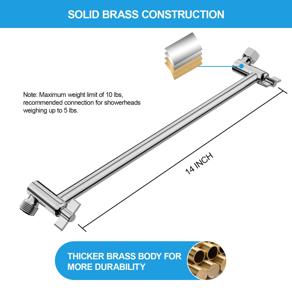 16 Inch Shower Head Extension Arm, Solid Stainless Steel & Brass