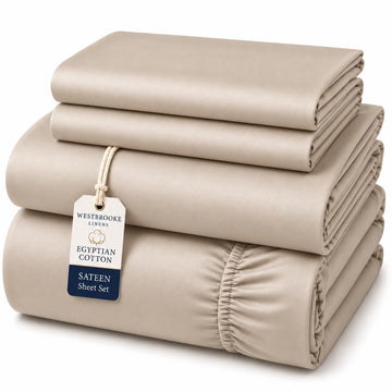 Egyptian Cotton Sheet Set | Queen Size Sateen Sheets - 4 Piece Long Staple Cotton Bedding Set with Elasticized 15.5"