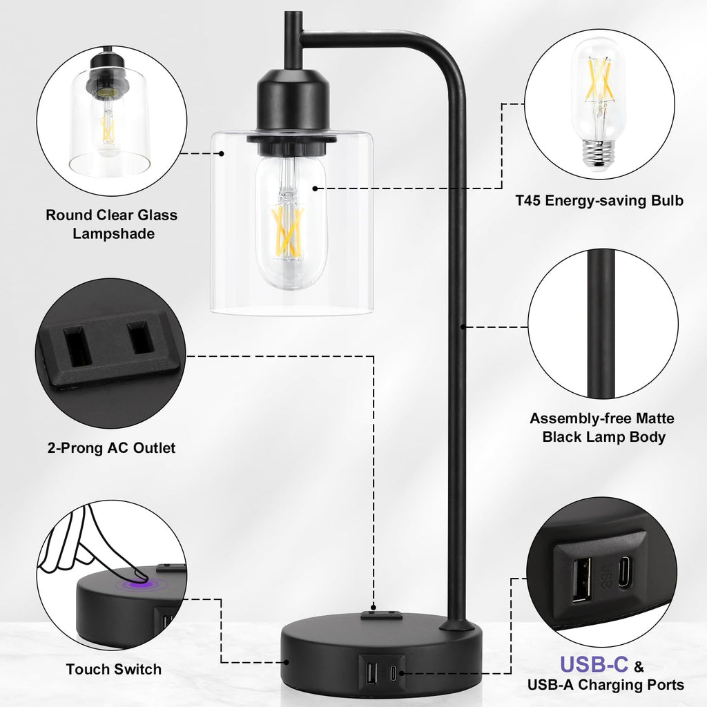 Industrial Touch Lamps for Nightstand Set of 2, 3-Way Dimmable Bedside Lamp